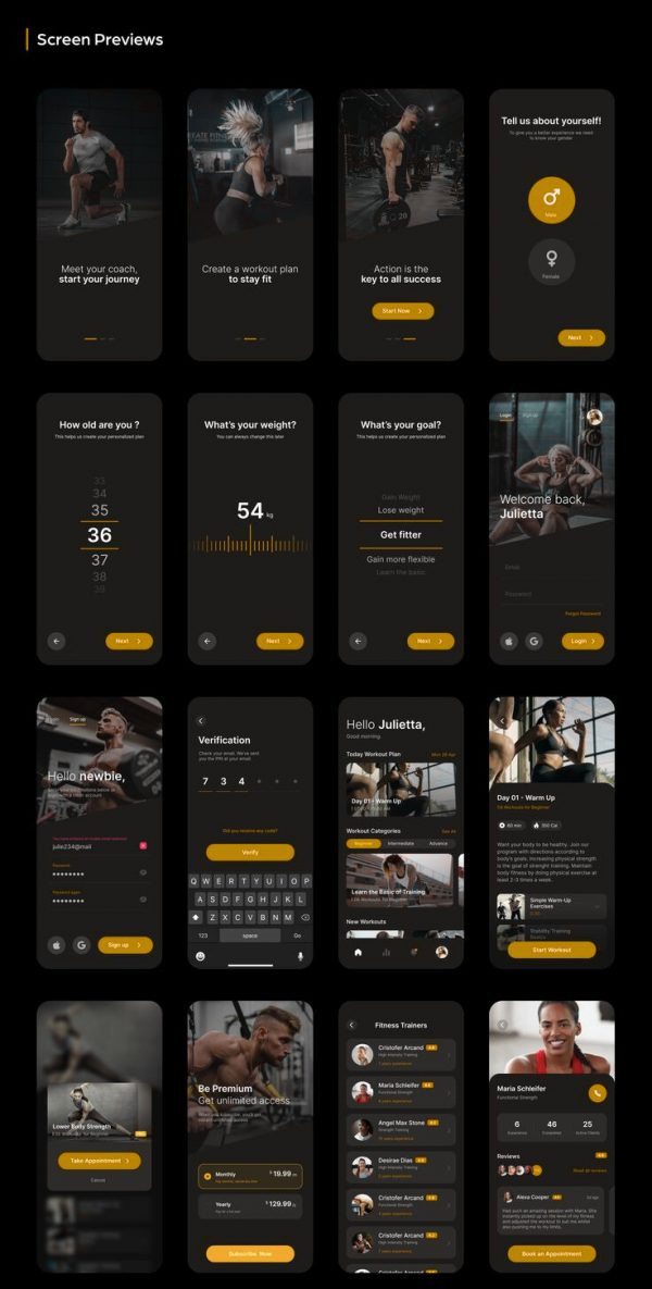 🏋️‍♀️ Fitness Trainer & Workout App UI — Premium Dark Mode Design