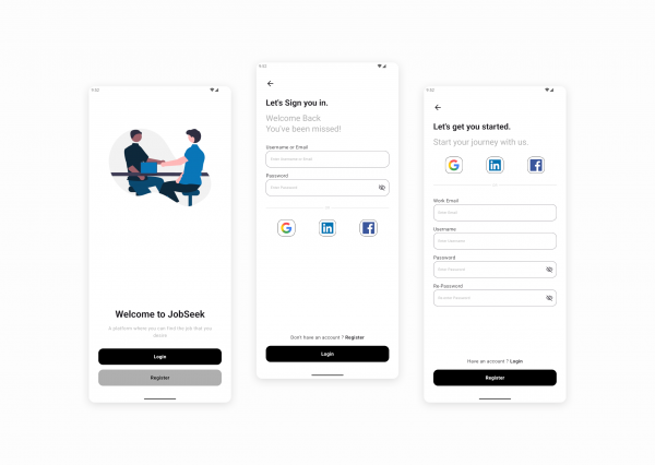 JobSeek – Clean Light Mode Login & Registration UI for Android A
